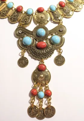 *** NEW ARRIVAL *** Beautiful Showy TURQUISE-Style RED & BLUE Oval Stones JEWELRY SET with Choker NECKLACE (12" L + Gold Tone...
