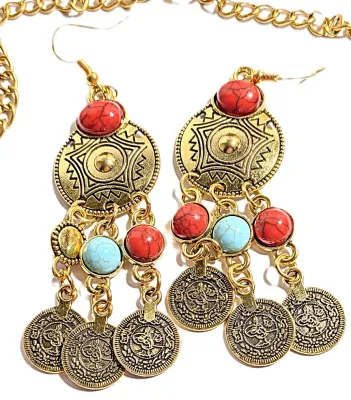*** NEW ARRIVAL *** Beautiful Showy TURQUISE-Style RED & BLUE Oval Stones JEWELRY SET with Choker NECKLACE (12" L + Gold Tone...