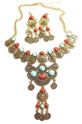 *** NEW ARRIVAL *** Beautiful Showy TURQUISE-Style RED & BLUE Oval Stones JEWELRY SET with Choker NECKLACE (12" L + Gold Tone...