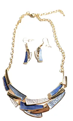 *** NEW ARRIVAL *** BLUE & Gold "ENAMEL SLICES" JEWELRY SET with Choker NECKLACE (12" L + Gold Tone Chain/Lobster...
