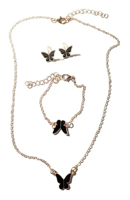 ***NEW ARRIVAL ***Enameled BLACK BUTTERFLY JEWELRY SET/NECKLACE (16" L+Gold Colored Edged Small Butterfly+Gold Tone...