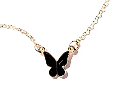 ***NEW ARRIVAL ***Enameled BLACK BUTTERFLY JEWELRY SET/NECKLACE (16" L+Gold Colored Edged Small Butterfly+Gold Tone...