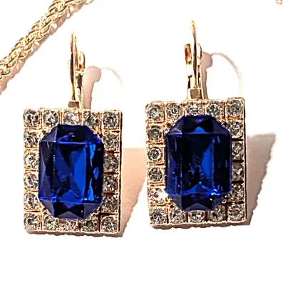 NEW ARRIVAL *** Deep BLUE Beveled Rectangle Stones JEWELRY SET with Choker NECKLACE (15" L +PENDANT+ Single BLUE Stone, Surround,...
