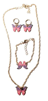*** NEW ARRIVAL *** BLUE & PINK BUTTERFLY JEWELRY SET with NECKLACE (15" L + Gold Tone Chain/Clasp) & BRACELET (Butterfly +...