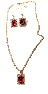 NEW ARRIVAL *** Deep RED Beveled Rectangle Stones JEWELRY SET with Choker NECKLACE (15" L +PENDANT+ Single RED Stone, Surround, Gold...