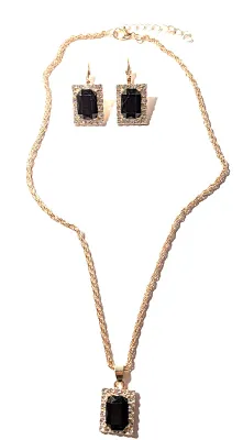 NEW ARRIVAL *** BLACK Beveled Rectangle Stones JEWELRY SET with Choker NECKLACE (15" L +PENDANT+ Single BLACK Stone, Surround, Gold...