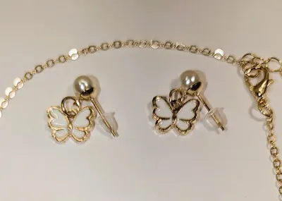 Delicate Enameled WHITE BUTTERFLY JEWELRY SET with NECKLACE (16" L + Small Butterfly PENDANT + Gold Tone Chain/Lobster Clasp) &...