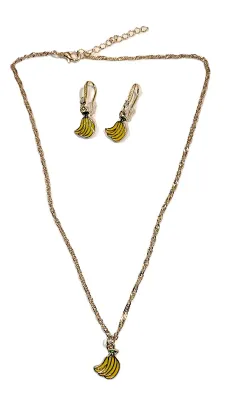Yellow & Green "BANANA BUNCH" JEWELRY SET with NECKLACE (15" L + Enameled PENDANT + GOLD Tone Chain/Lobster Clasp) and...