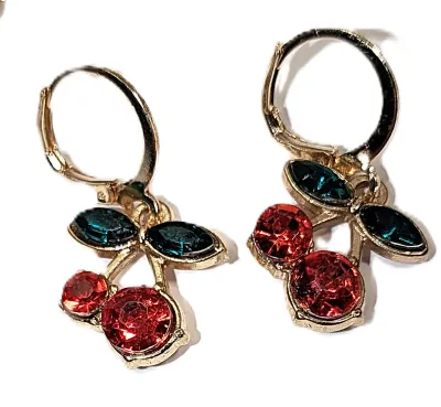 Delicate "RED Cherries" JEWELRY SET with NECKLACE (17" L, Red Stone and Green Stone Leaves Pendant + GOLD Tone...