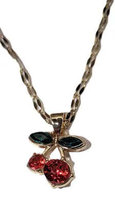 Delicate "RED Cherries" JEWELRY SET with NECKLACE (17" L, Red Stone and Green Stone Leaves Pendant + GOLD Tone...