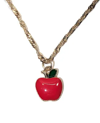 Delicate Bright RED APPLE JEWELRY SET with NECKLACE (16"-17" L, Red Apple with Green Leaves Pendant + GOLD Tone Chain/Lobster...