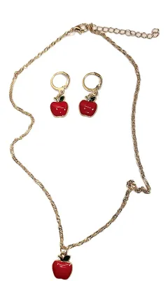 Delicate Bright RED APPLE JEWELRY SET with NECKLACE (16"-17" L, Red Apple with Green Leaves Pendant + GOLD Tone Chain/Lobster...