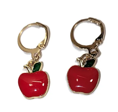Delicate Bright RED APPLE JEWELRY SET with NECKLACE (16"-17" L, Red Apple with Green Leaves Pendant + GOLD Tone Chain/Lobster...