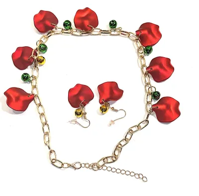 Bright "RED METAL CURVY PETALS & COLORED BELLS" JEWELRY SET with NECKLACE (16" L + GOLD Tone Large Links Chain +...