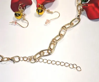 Bright "RED METAL CURVY PETALS & COLORED BELLS" JEWELRY SET with NECKLACE (16" L + GOLD Tone Large Links Chain +...