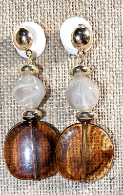 "AMBER DISK & HEX STONE" JEWELRY SET with NECKLACE (24" L + GOLD Tone Chain/Lobster Clasp) and MATCHING Dangle...