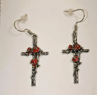 "ROSES ON A CROSS" JEWELRY SET with NECKLACE (18" L + Red Roses & Stems PENDANT + SILVER Tone Chain/Lobster Clasp) and...