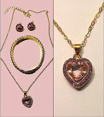 PINK HEART BEJEWELED JEWELRY SET with NECKLACE (16" L + Jeweled Surround Heart Pendant + Gold Tone Chain/Lobster Clasp) &...