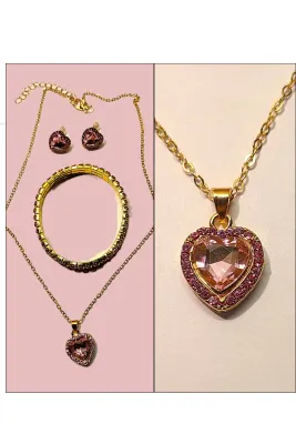 PINK HEART BEJEWELED JEWELRY SET with NECKLACE (16" L + Jeweled Surround Heart Pendant + Gold Tone Chain/Lobster Clasp) &...
