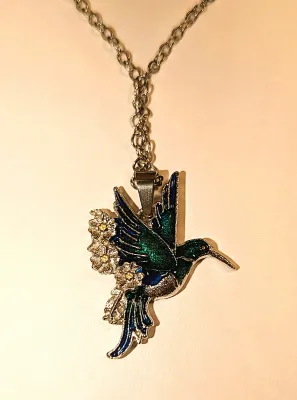 BLUE & GREEN Enameled BIRD JEWELRY SET with NECKLACE (18" L + Blue and Green Bird PENDANT + SILVER Tone Chain/Lobster Clasp) and...
