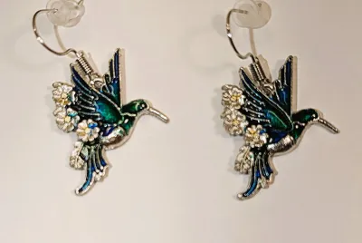 BLUE & GREEN Enameled BIRD JEWELRY SET with NECKLACE (18" L + Blue and Green Bird PENDANT + SILVER Tone Chain/Lobster Clasp) and...