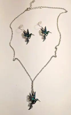 BLUE & GREEN Enameled BIRD JEWELRY SET with NECKLACE (18" L + Blue and Green Bird PENDANT + SILVER Tone Chain/Lobster Clasp) and...