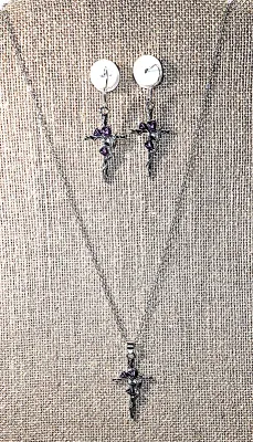 Delicate "PURPLE & GREEN Enameled CROSS JEWELRY SET with NECKLACE (18"-19" L + "Tulips and Leaves" Pendant +...