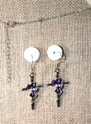 Delicate "PURPLE & GREEN Enameled CROSS JEWELRY SET with NECKLACE (18"-19" L + "Tulips and Leaves" Pendant +...