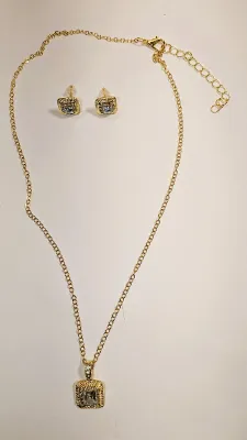 Large Clear Stone SQUARE JEWELRY SET with NECKLACE (16" L + Square Setting with Gold Colored Surround PENDANT + GOLD Tone...