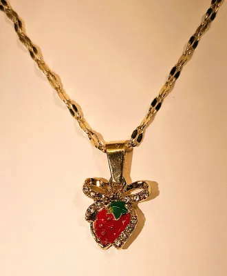 RED STRAWBERRY JEWELRY SET with NECKLACE (17" L, Jeweled Bowtie Accent PENDANT + GOLD Tone Setting/Chain/Lobster Clasp) and MATCHING...