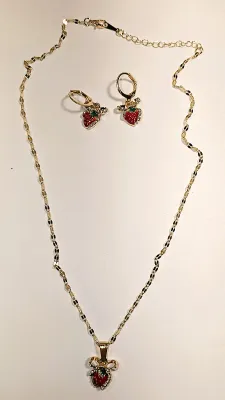 RED STRAWBERRY JEWELRY SET with NECKLACE (17" L, Jeweled Bowtie Accent PENDANT + GOLD Tone Setting/Chain/Lobster Clasp) and MATCHING...