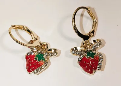 RED STRAWBERRY JEWELRY SET with NECKLACE (17" L, Jeweled Bowtie Accent PENDANT + GOLD Tone Setting/Chain/Lobster Clasp) and MATCHING...