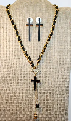 Chain & Cloth Combo BLACK CROSS JEWELRY SET with NECKLACE (16" L, Enameled Cross Pendant, Dangle Globes and Gold Tone TOGGLE...