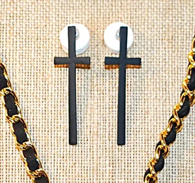 Chain & Cloth Combo BLACK CROSS JEWELRY SET with NECKLACE (16" L, Enameled Cross Pendant, Dangle Globes and Gold Tone TOGGLE...