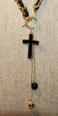 Chain & Cloth Combo BLACK CROSS JEWELRY SET with NECKLACE (16" L, Enameled Cross Pendant, Dangle Globes and Gold Tone TOGGLE...