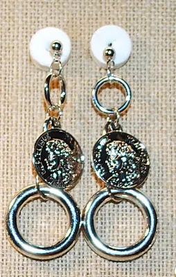 Double TOGGLE HEARTS JEWELRY SET with NECKLACE (16" L + SILVER Tone Chain) and LOOPS EARRINGS with Stud Post Clasp