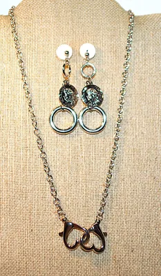 Double TOGGLE HEARTS JEWELRY SET with NECKLACE (16" L + SILVER Tone Chain) and LOOPS EARRINGS with Stud Post Clasp