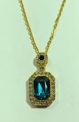Beautiful GREEN Rectangle Beveled Stone JEWELRY SET with NECKLACE (20" L + Encased in GOLD Tone Setting + Jeweled...