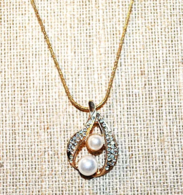 Bejeweled DOUBLE FAUX PEARLS JEWELRY SET with NECKLACE (16" L Pendant Combo + Jeweled Swirl Surround + ROPE Gold Tone Chain/Lobster...