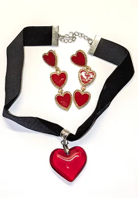 Large Cranberry RED GLASS HEART JEWELRY SET with CHOKER NECKLACE (12" L, Glass Heart Pendant + Black Cloth "Cord", Silver...