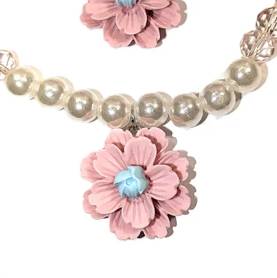 Pink & Blue Composite "FLOWERS & PEARLS" JEWELRY SET with NECKLACE (15" L + MATCHING STRETCH BRACELET (2¾"...