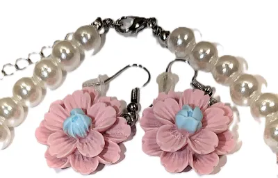 Pink & Blue Composite "FLOWERS & PEARLS" JEWELRY SET with NECKLACE (15" L + MATCHING STRETCH BRACELET (2¾"...