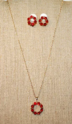 Iridescent RED Delicate 8-Stone CIRCLE JEWELRY SET with NECKLACE (18"-19" L, Pendant + GOLD Tone Chain/Lobster Clasp) and...