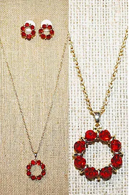 Iridescent RED Delicate 8-Stone CIRCLE JEWELRY SET with NECKLACE (18"-19" L, Pendant + GOLD Tone Chain/Lobster Clasp) and...