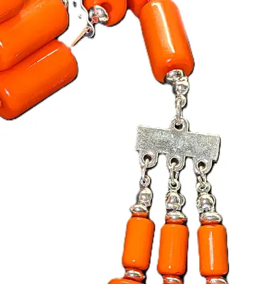 Showy Bright ORANGE Colored "BARREL BEADS" JEWELRY SET with NECKLACE (24" L + 3 Strands + Large Silver Tone Lobster Clasp)...