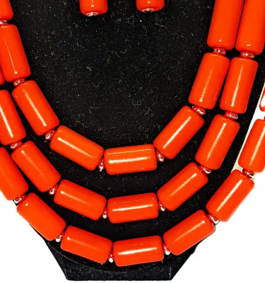 Showy Bright ORANGE Colored "BARREL BEADS" JEWELRY SET with NECKLACE (24" L + 3 Strands + Large Silver Tone Lobster Clasp)...