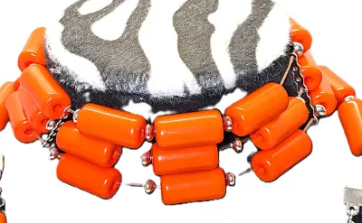 Showy Bright ORANGE Colored "BARREL BEADS" JEWELRY SET with NECKLACE (24" L + 3 Strands + Large Silver Tone Lobster Clasp)...