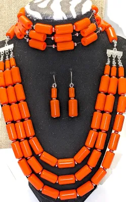 Showy Bright ORANGE Colored "BARREL BEADS" JEWELRY SET with NECKLACE (24" L + 3 Strands + Large Silver Tone Lobster Clasp)...