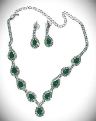 Beautiful Bejeweled GREEN TEARDROP STONES JEWELRY SET with NECKLACE (Silver Tone + 18" L + Lobster Clasp) and Matching Jeweled...