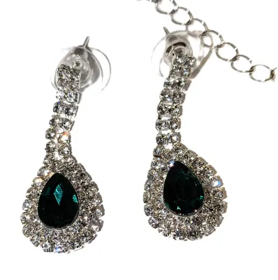 Beautiful Bejeweled GREEN TEARDROP STONES JEWELRY SET with NECKLACE (Silver Tone + 18" L + Lobster Clasp) and Matching Jeweled...
